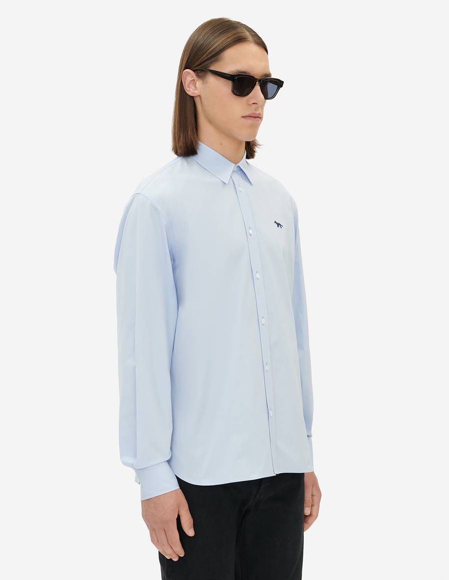 Light Blue Men's Maison Kitsune Navy Fox Patch Regular Shirts | AU-S0507