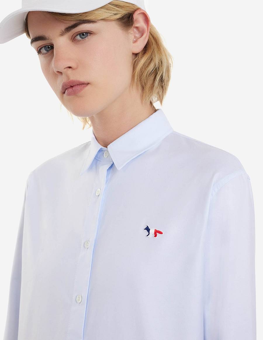 Light Blue Women's Maison Kitsune Tricolor Fox Patch Classic Shirts | AU-L0865