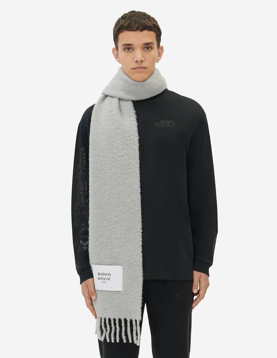 Light Grey Men's Maison Kitsune Plain Fringed Scarf | AU-B0287