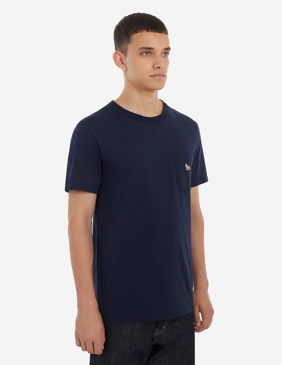 Navy Men's Maison Kitsune Baby Fox Patch Pocket T Shirts | AU-H0656