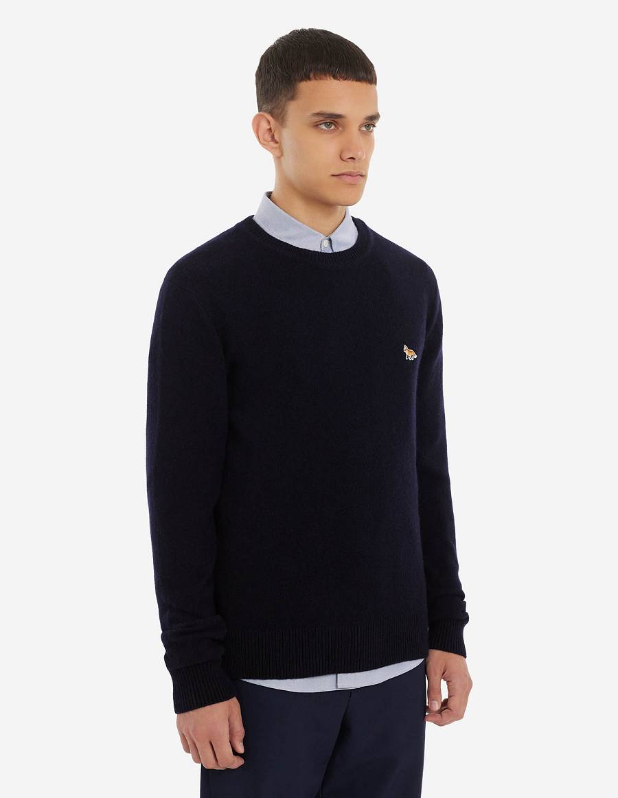 Navy Men's Maison Kitsune Baby Fox Patch Cosy R-neck Sweaters | AU-H0714