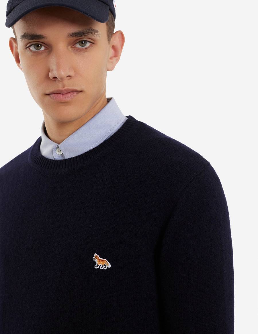 Navy Men's Maison Kitsune Baby Fox Patch Cosy R-neck Sweaters | AU-H0714