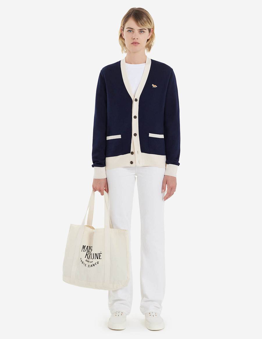 Navy Men's Maison Kitsune Baby Fox Patch Bi-color Classic Cardigan | AU-S826