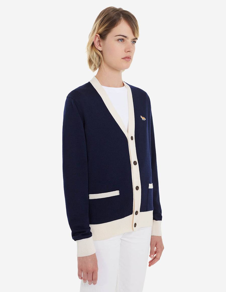 Navy Men's Maison Kitsune Baby Fox Patch Bi-color Classic Cardigan | AU-S826