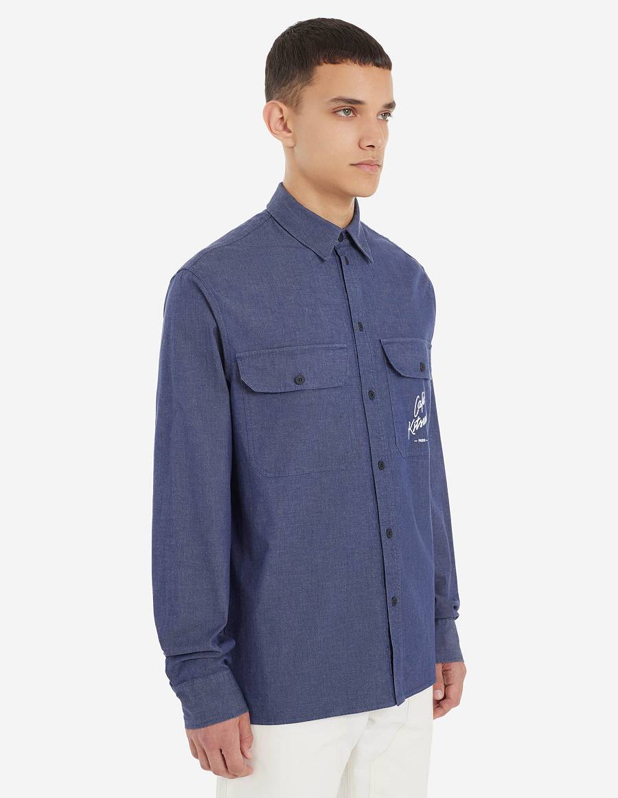 Navy Men's Maison Kitsune Cafe Chambray Shirts | AU-W0165