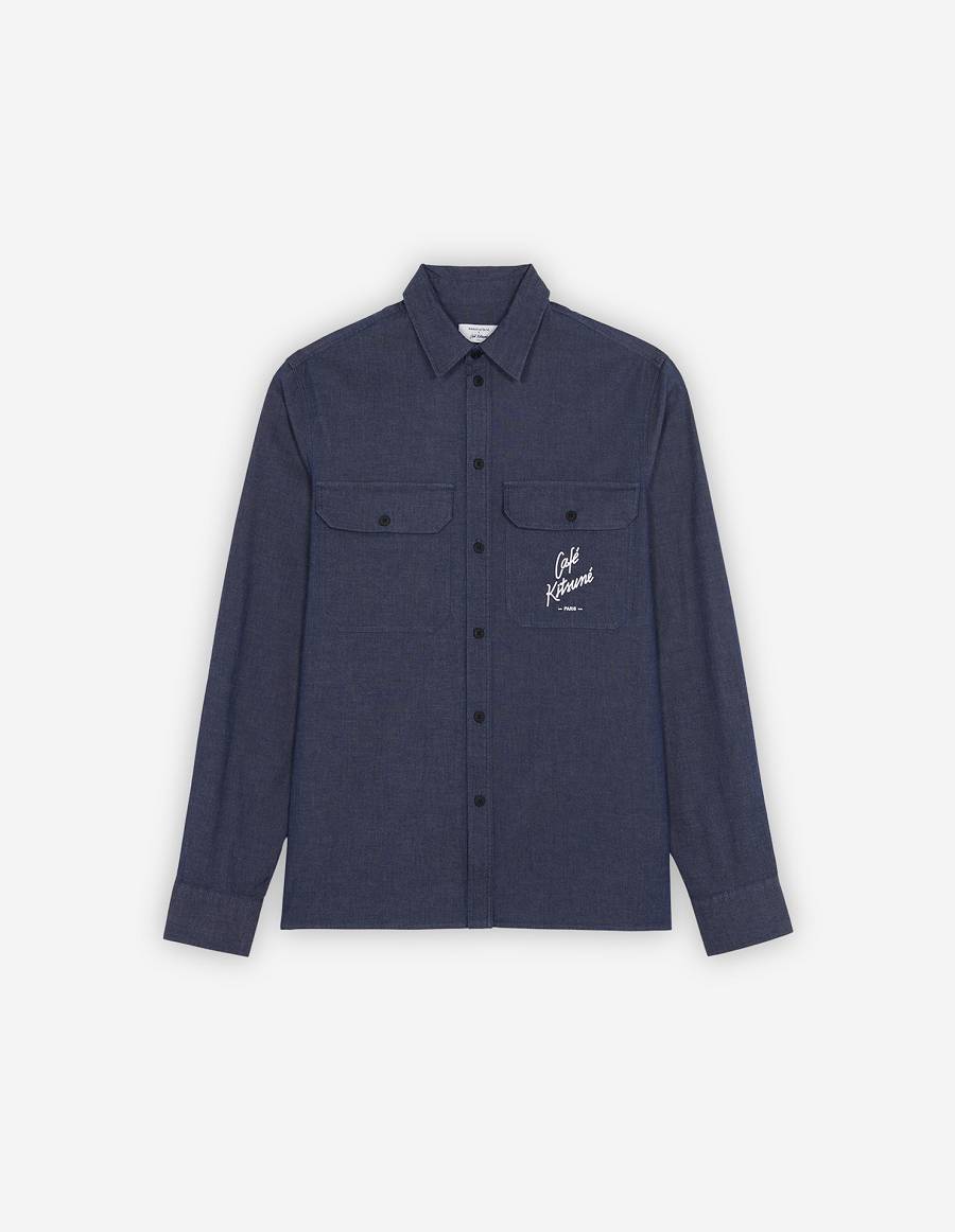 Navy Men\'s Maison Kitsune Cafe Chambray Shirts | AU-W0165