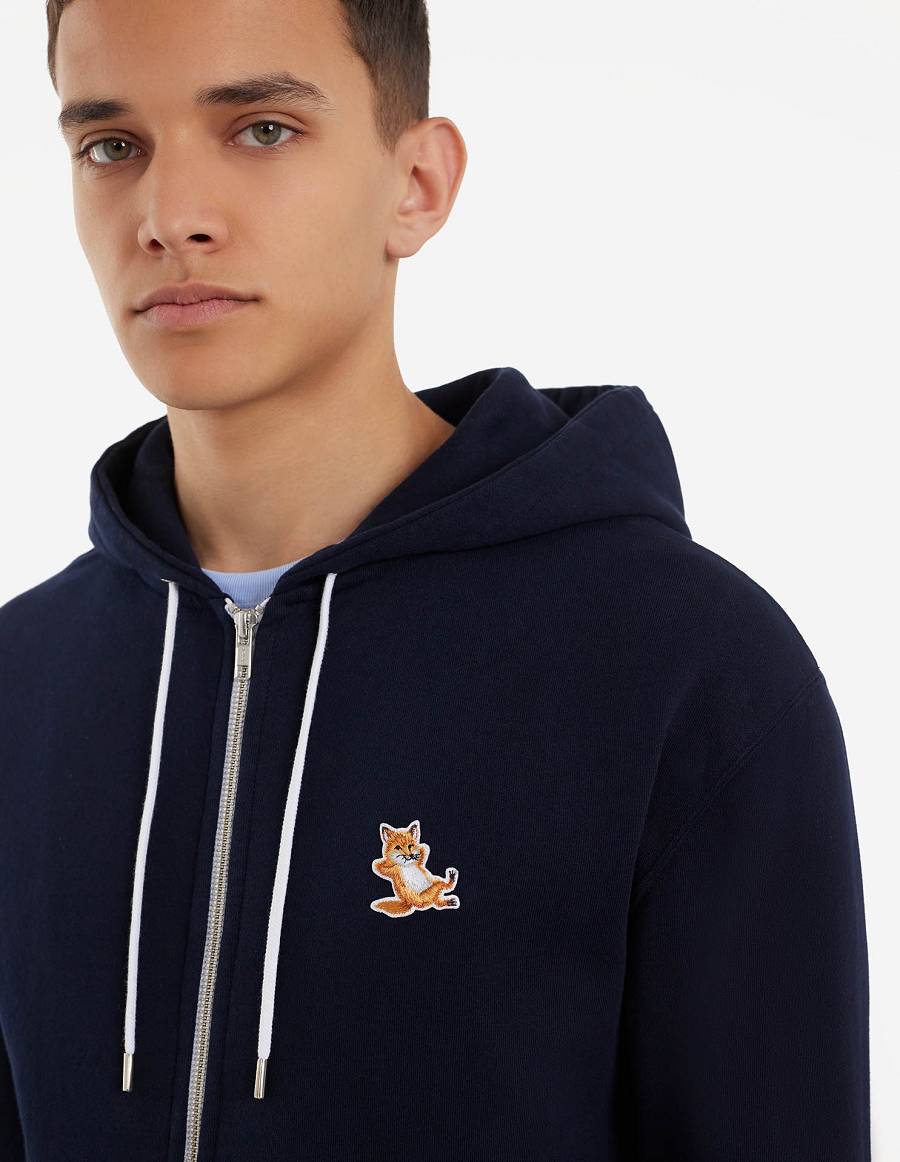 Navy Men's Maison Kitsune Chillax Fox Patch Zipped Hoodies | AU-B0896