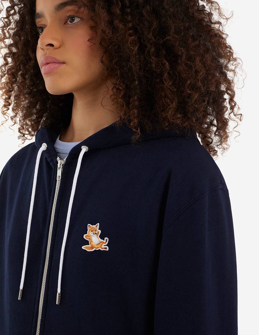 Navy Men's Maison Kitsune Chillax Fox Patch Zipped Hoodies | AU-B0896