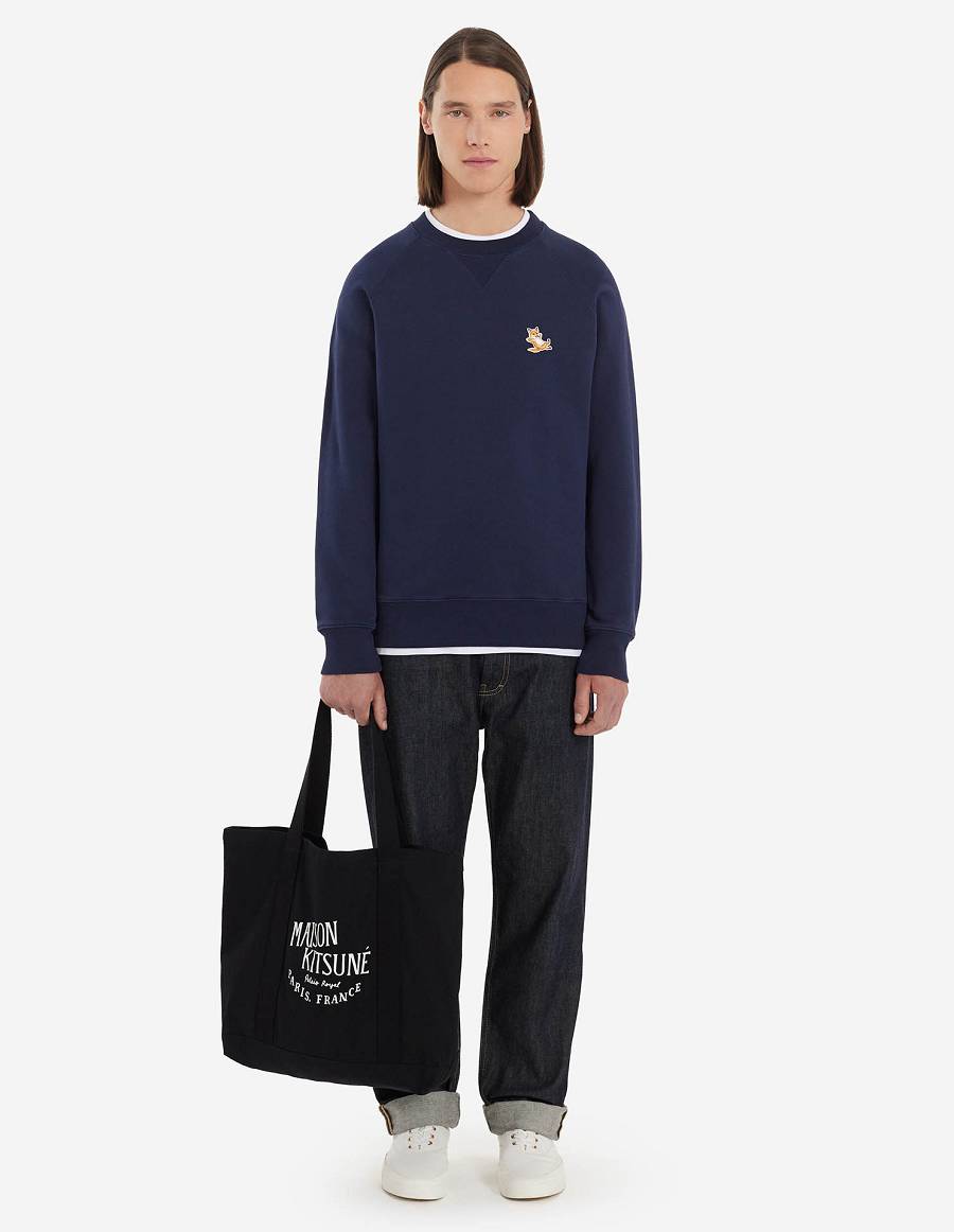 Navy Men's Maison Kitsune Chillax Fox Patch Classic Sweatshirts | AU-K0864