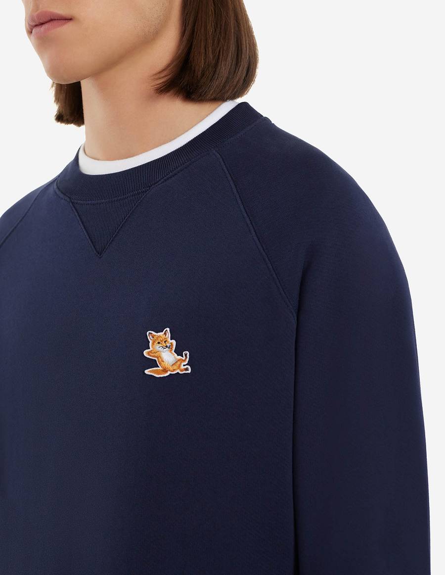 Navy Men's Maison Kitsune Chillax Fox Patch Classic Sweatshirts | AU-K0864