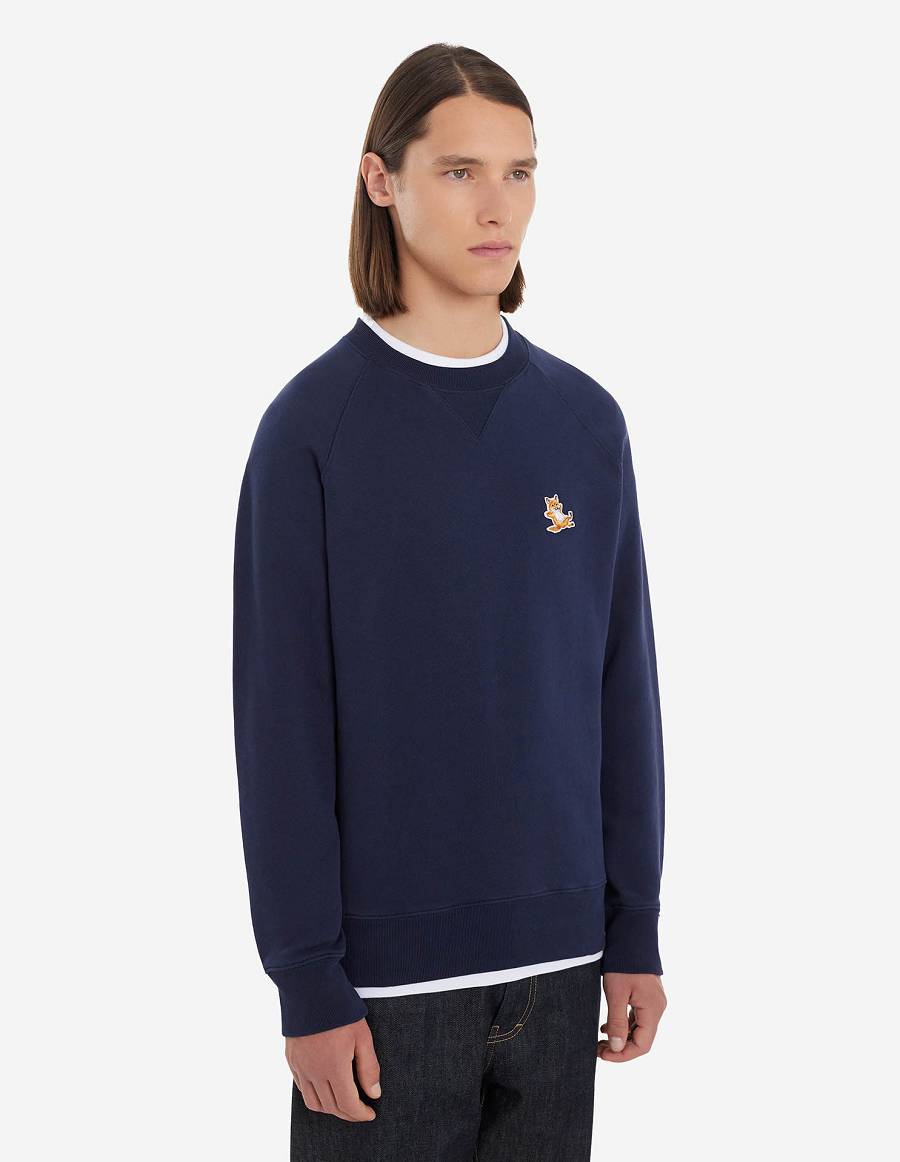 Navy Men's Maison Kitsune Chillax Fox Patch Classic Sweatshirts | AU-K0864