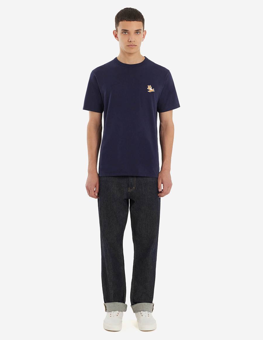 Navy Men's Maison Kitsune Chillax Fox Patch Classic T Shirts | AU-W0455