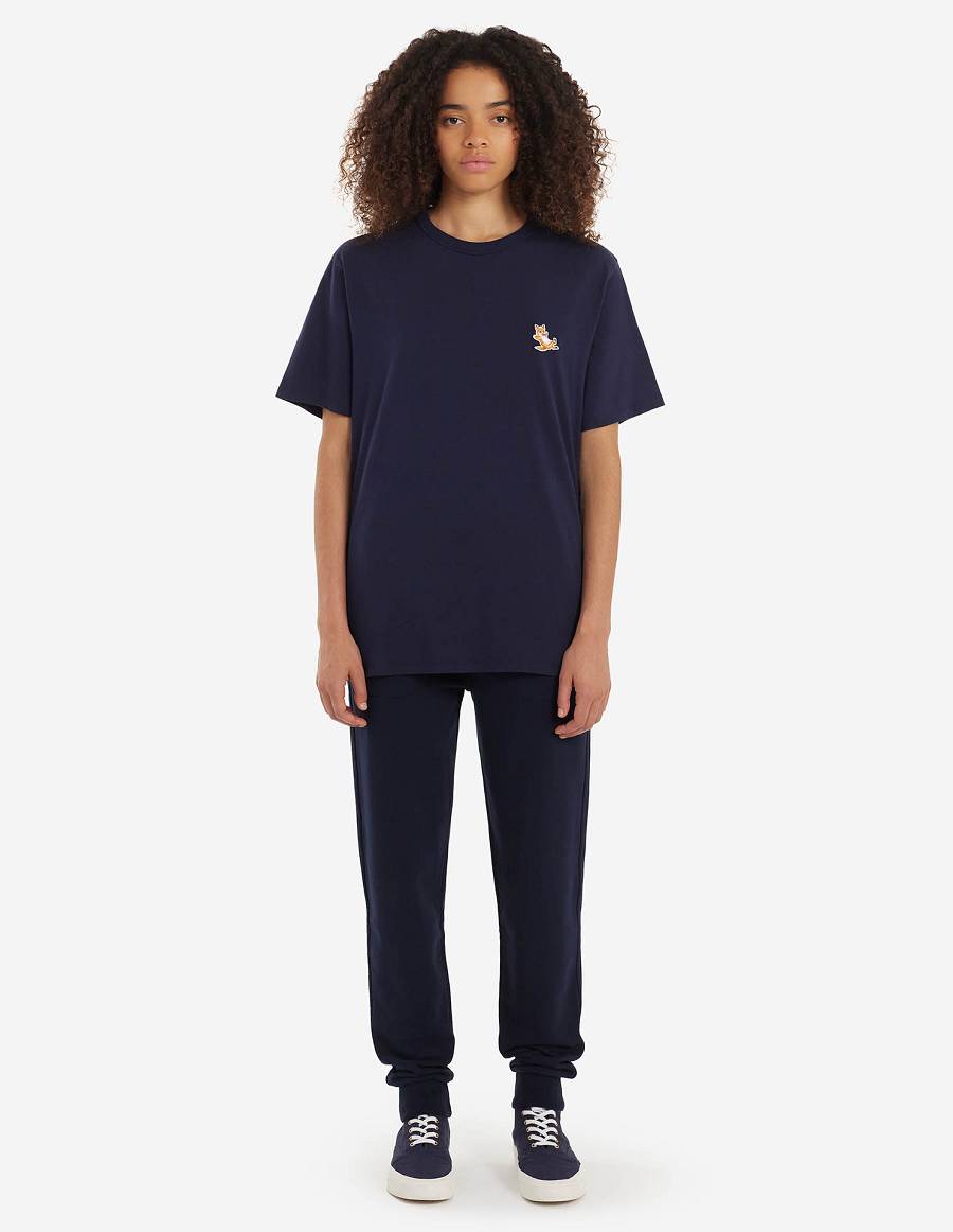 Navy Men's Maison Kitsune Chillax Fox Patch Classic T Shirts | AU-W0455