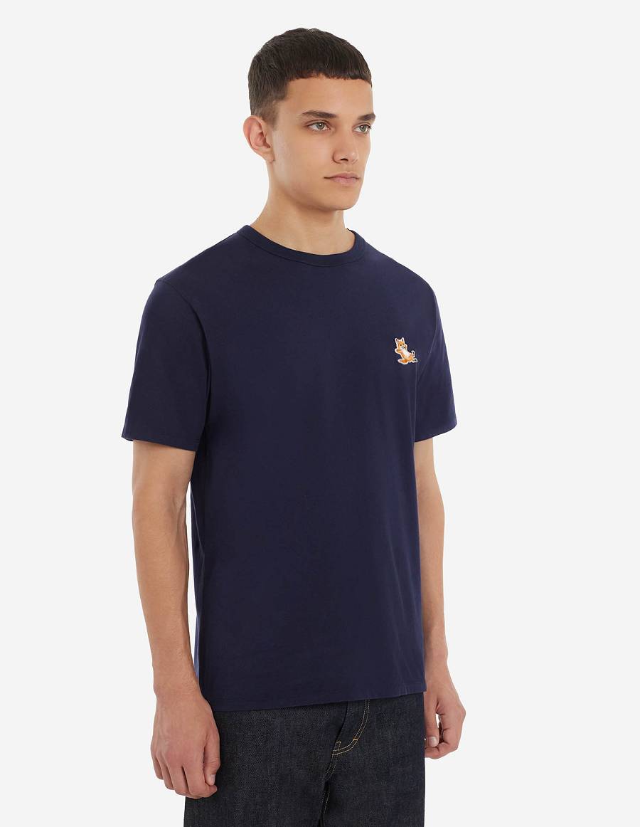 Navy Men's Maison Kitsune Chillax Fox Patch Classic T Shirts | AU-W0455