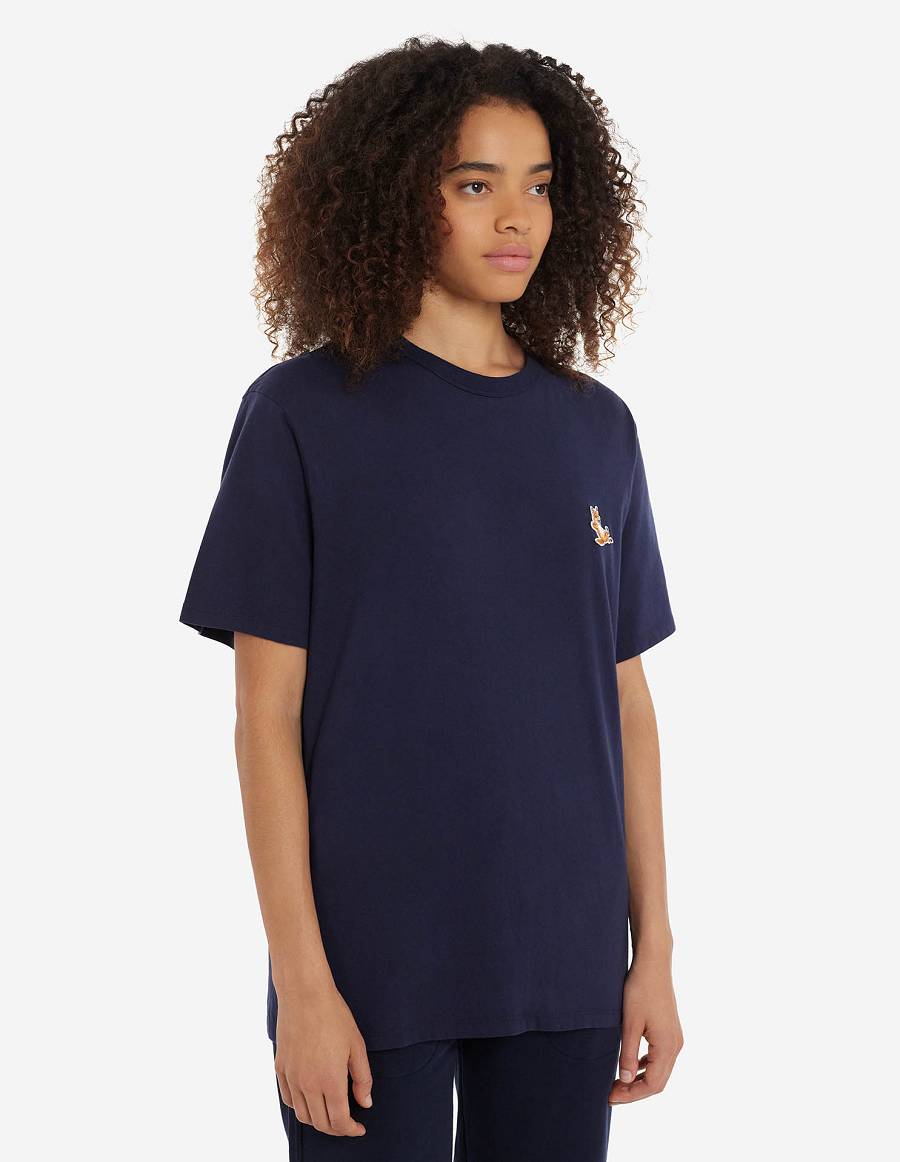 Navy Men's Maison Kitsune Chillax Fox Patch Classic T Shirts | AU-W0455