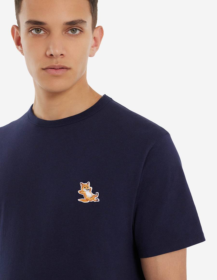 Navy Men's Maison Kitsune Chillax Fox Patch Classic T Shirts | AU-W0455