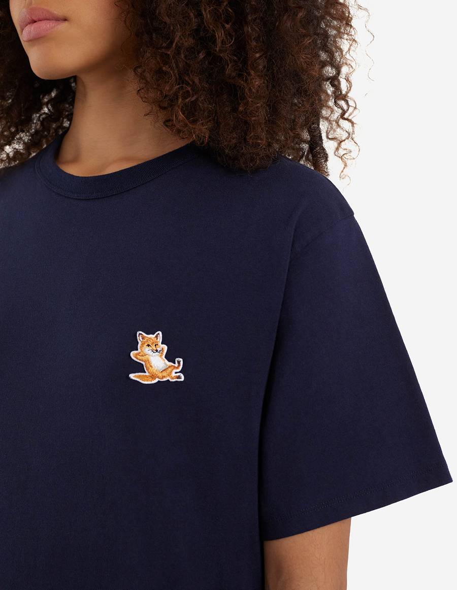 Navy Men's Maison Kitsune Chillax Fox Patch Classic T Shirts | AU-W0455