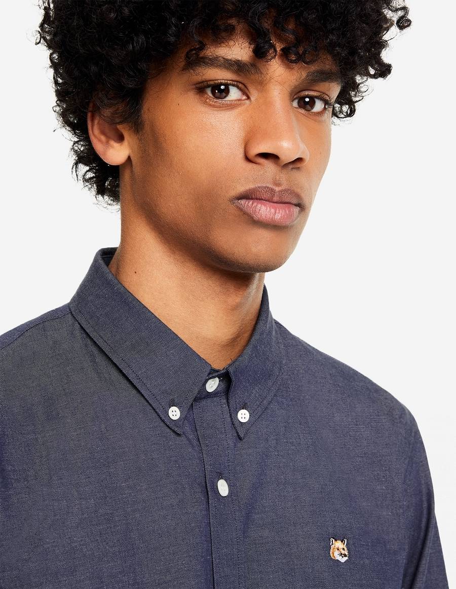 Navy Men's Maison Kitsune Fox Head Embroidery Classic Shirts | AU-Y0440