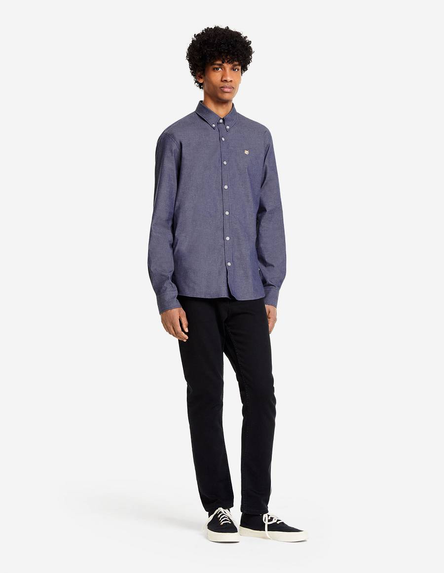 Navy Men's Maison Kitsune Fox Head Embroidery Classic Shirts | AU-Y0440