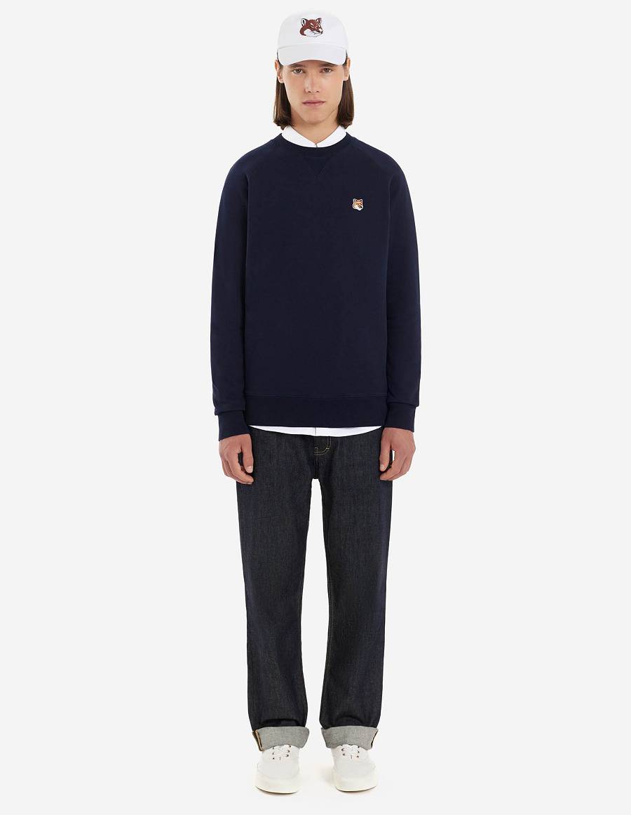 Navy Men's Maison Kitsune Fox Head Patch Classic Sweatshirts | AU-P0152