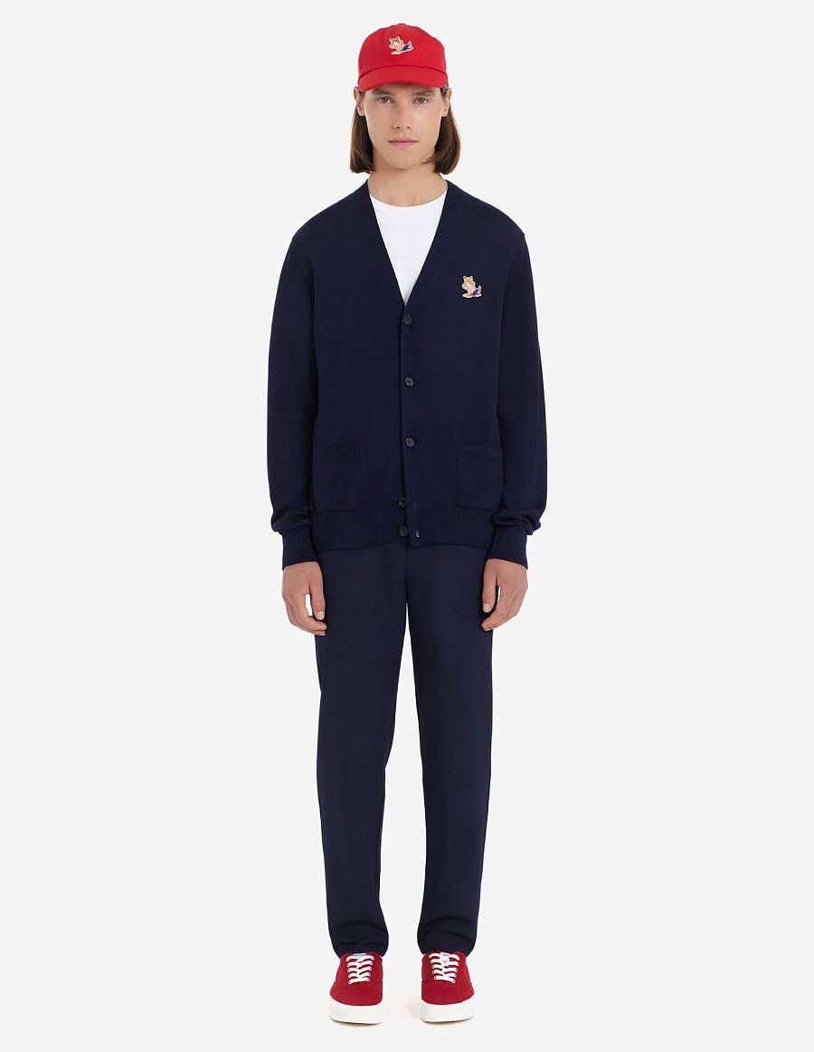 Navy Men's Maison Kitsune Frenchie Dressed Fox Patch Classic V-neck Cardigan | AU-B896