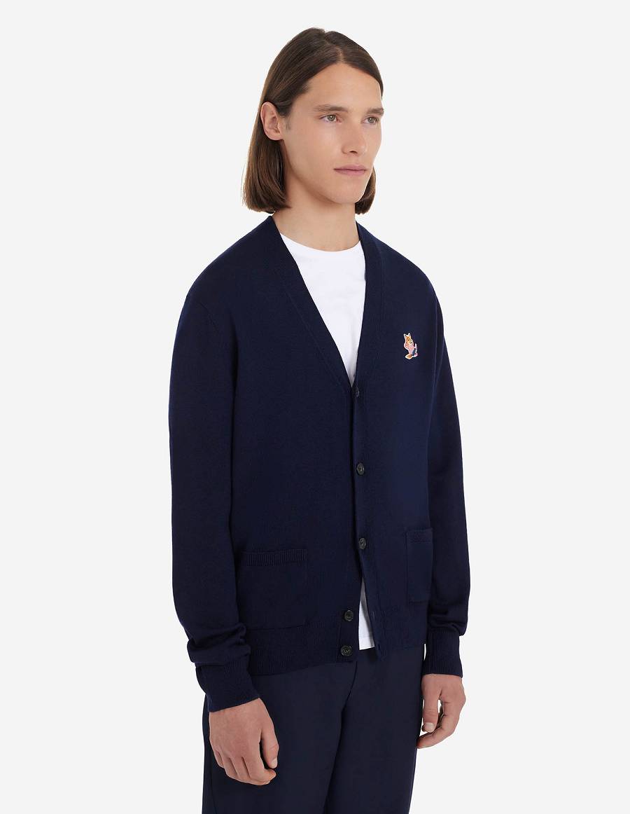 Navy Men's Maison Kitsune Frenchie Dressed Fox Patch Classic V-neck Cardigan | AU-B896