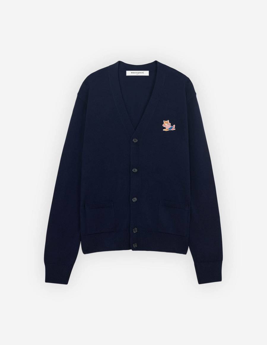 Navy Men\'s Maison Kitsune Frenchie Dressed Fox Patch Classic V-neck Cardigan | AU-B896