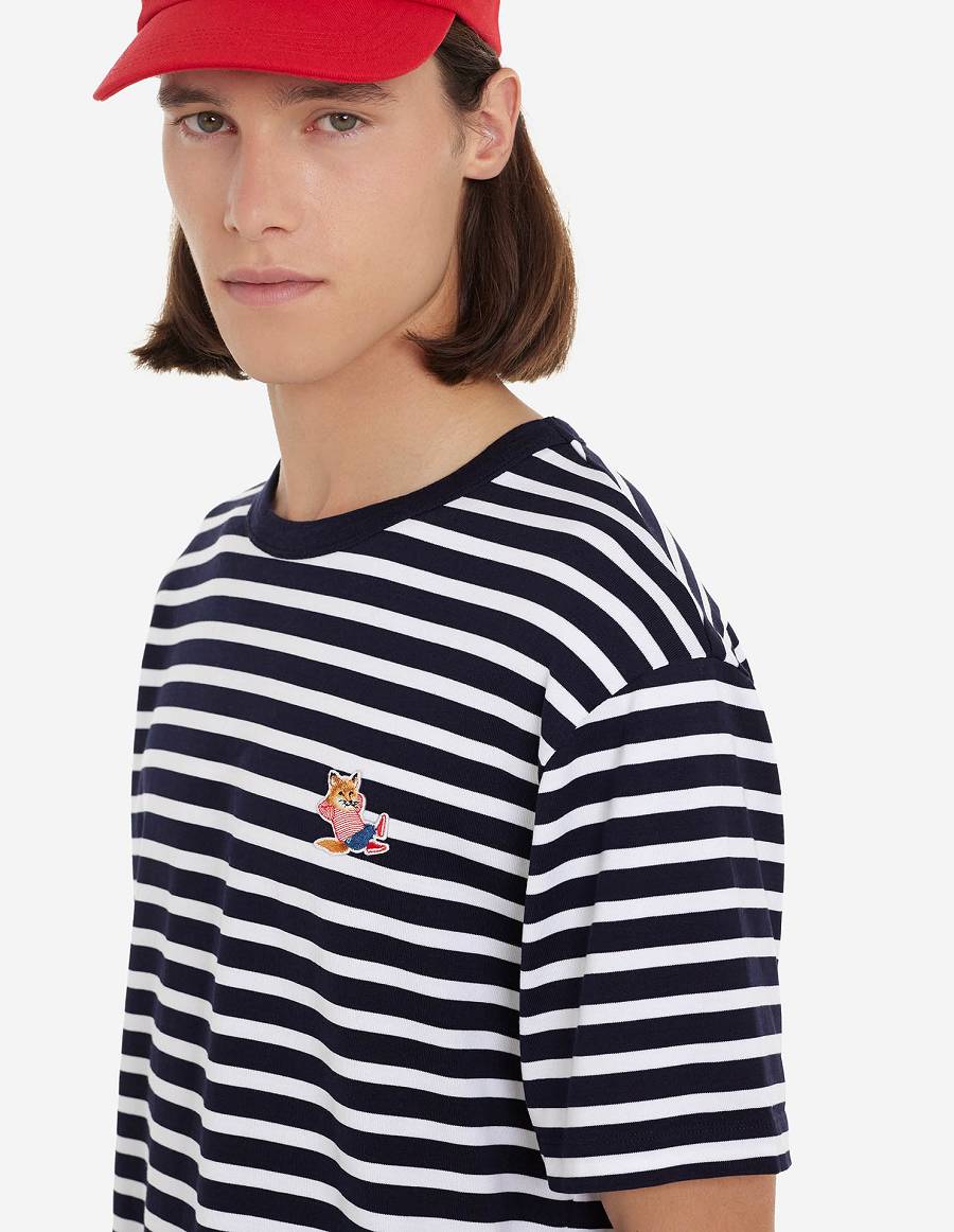 Navy Men's Maison Kitsune Frenchie Dressed Fox Patch Marin T Shirts | AU-S0764