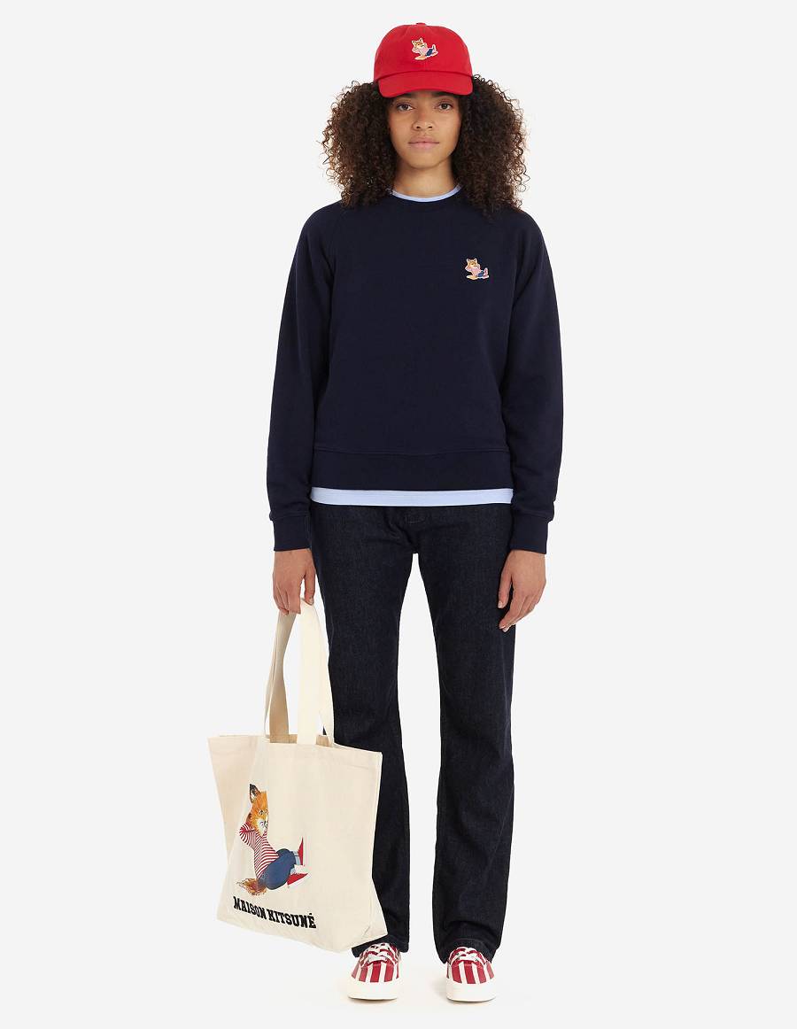 Navy Men's Maison Kitsune Frenchie Dressed Fox Patch Adjusted Sweatshirts | AU-V0143