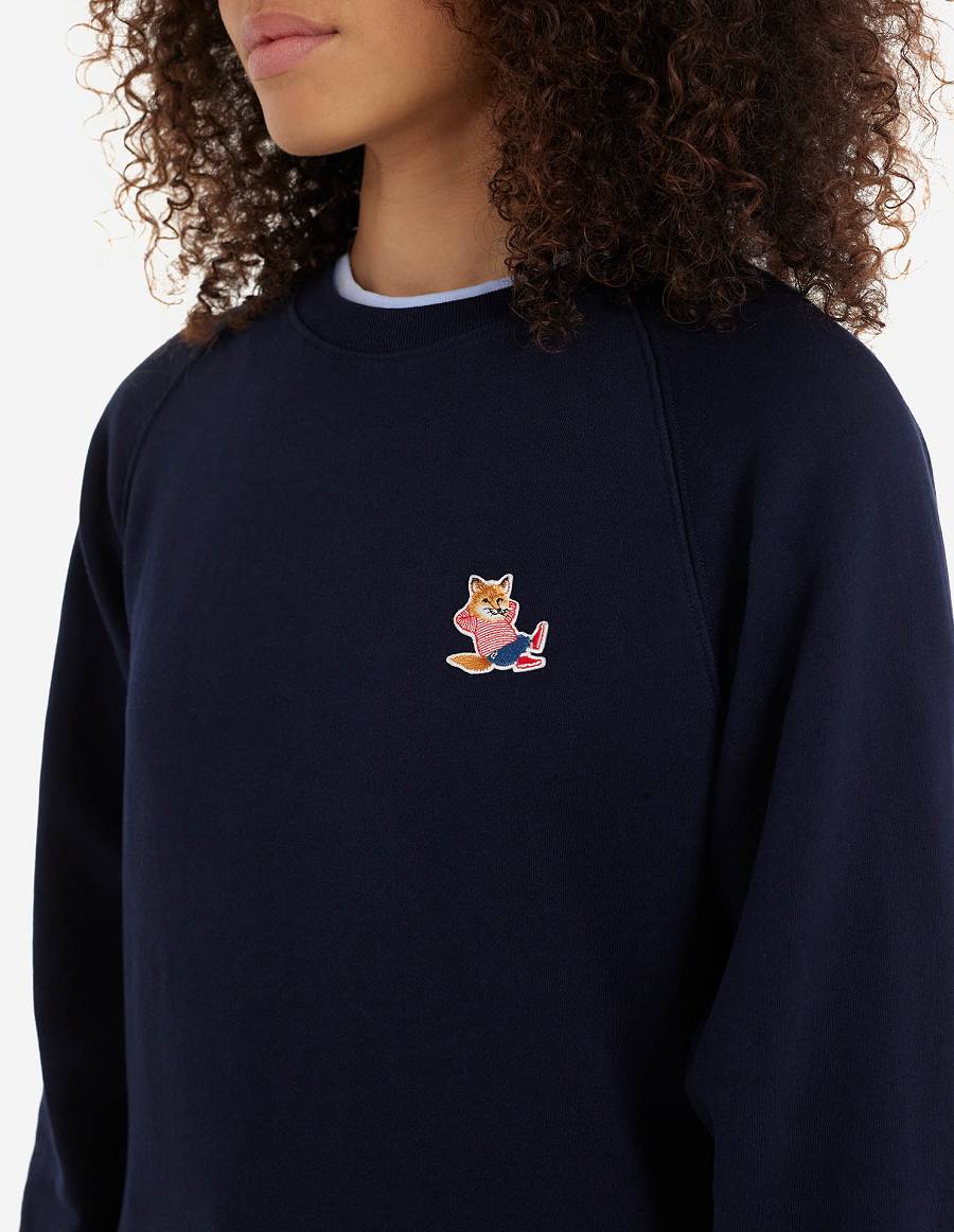 Navy Men's Maison Kitsune Frenchie Dressed Fox Patch Adjusted Sweatshirts | AU-V0143