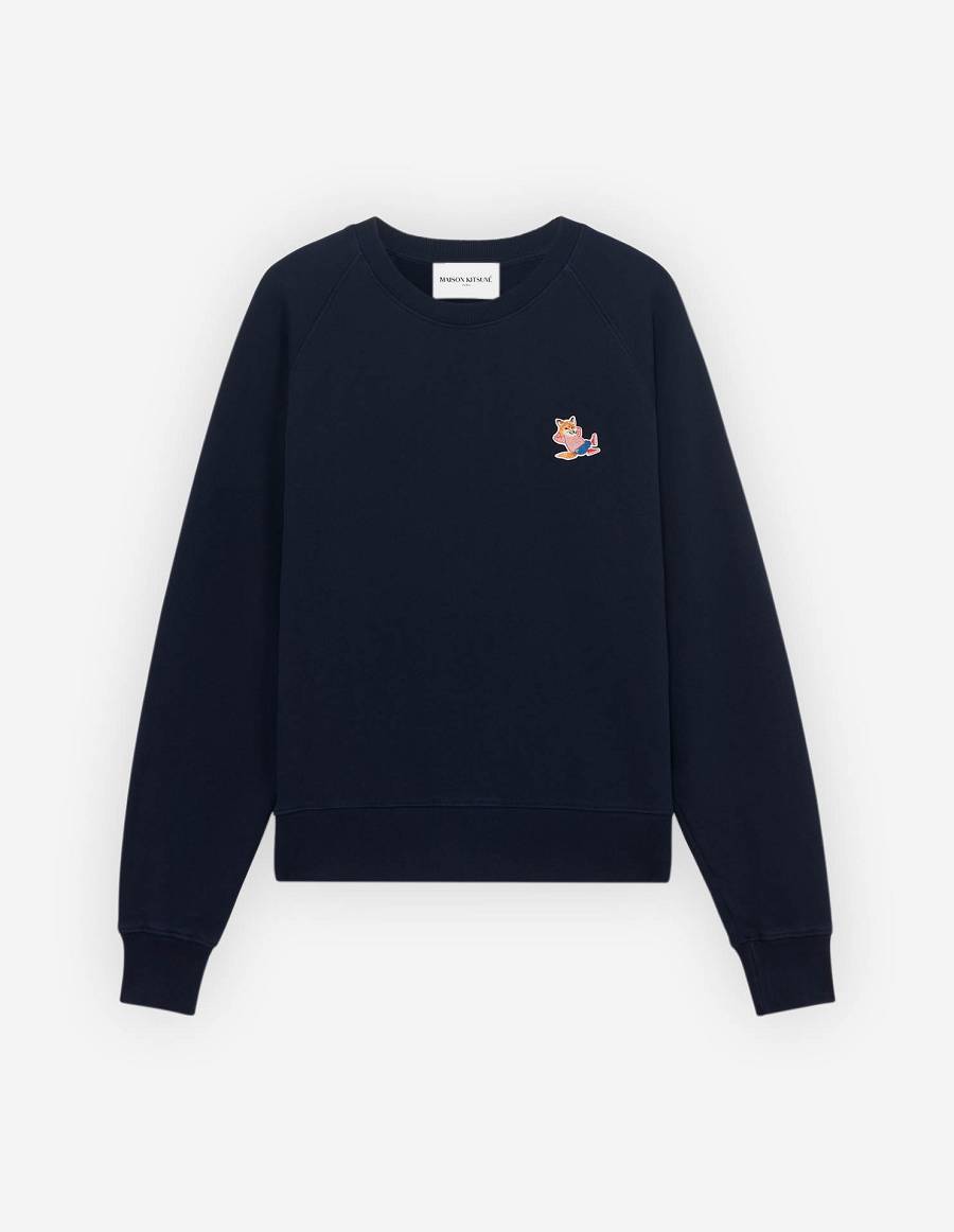 Navy Men\'s Maison Kitsune Frenchie Dressed Fox Patch Adjusted Sweatshirts | AU-V0143