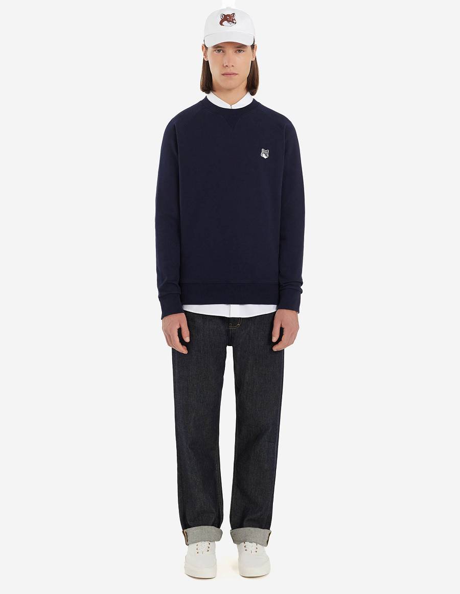 Navy Men's Maison Kitsune Grey Fox Head Patch Classic Sweatshirts | AU-J0947