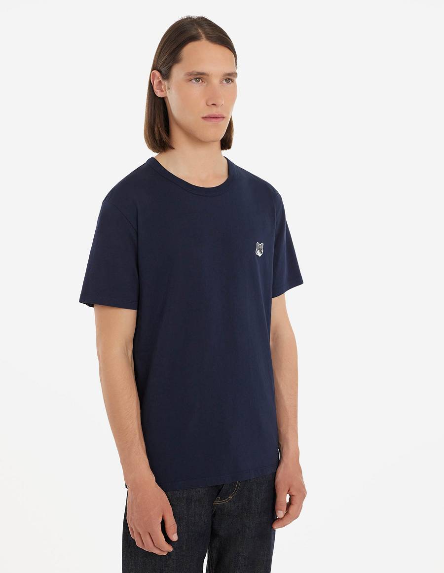 Navy Men's Maison Kitsune Grey Fox Head Patch Classic T Shirts | AU-K0853