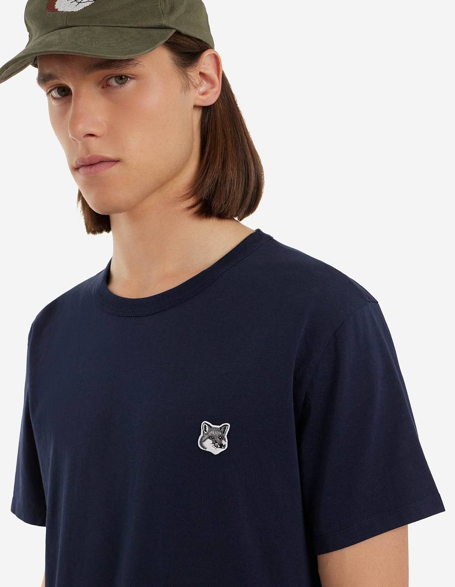 Navy Men's Maison Kitsune Grey Fox Head Patch Classic T Shirts | AU-K0853