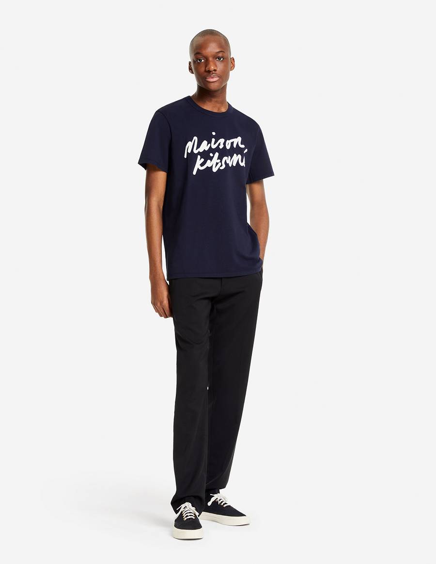 Navy Men's Maison Kitsune Handwriting Classic T Shirts | AU-K0332