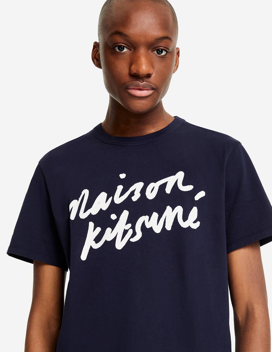 Navy Men's Maison Kitsune Handwriting Classic T Shirts | AU-K0332