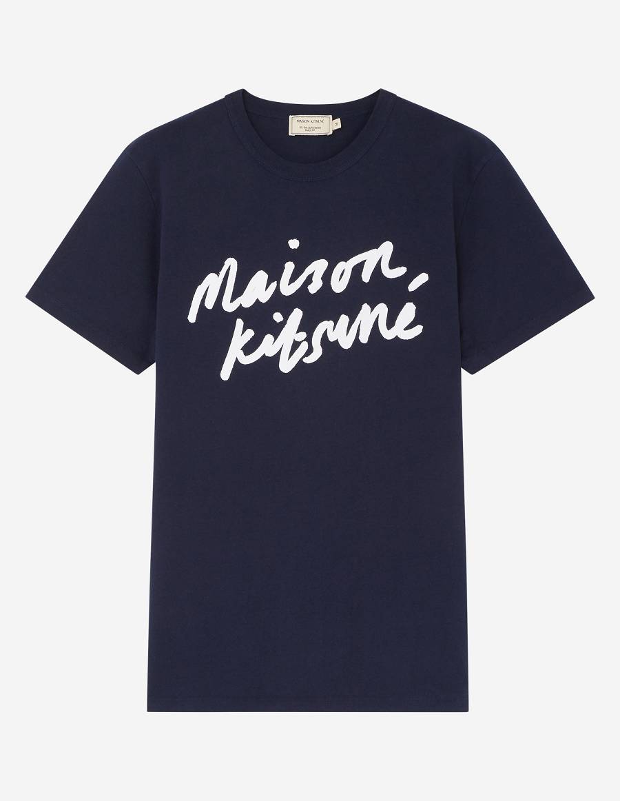 Navy Men\'s Maison Kitsune Handwriting Classic T Shirts | AU-K0332