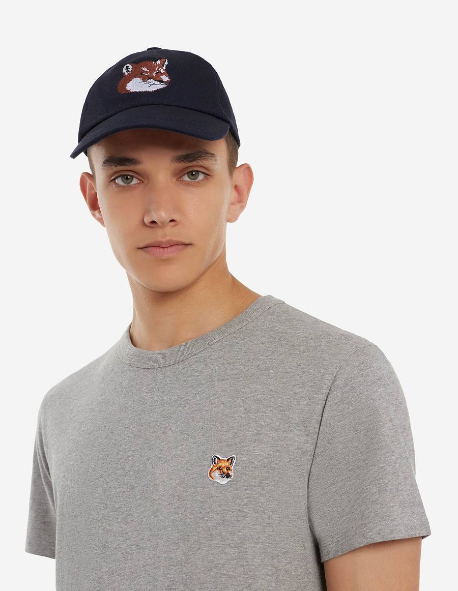 Navy Men's Maison Kitsune Large Fox Head Embroidery 6p Caps | AU-K0360