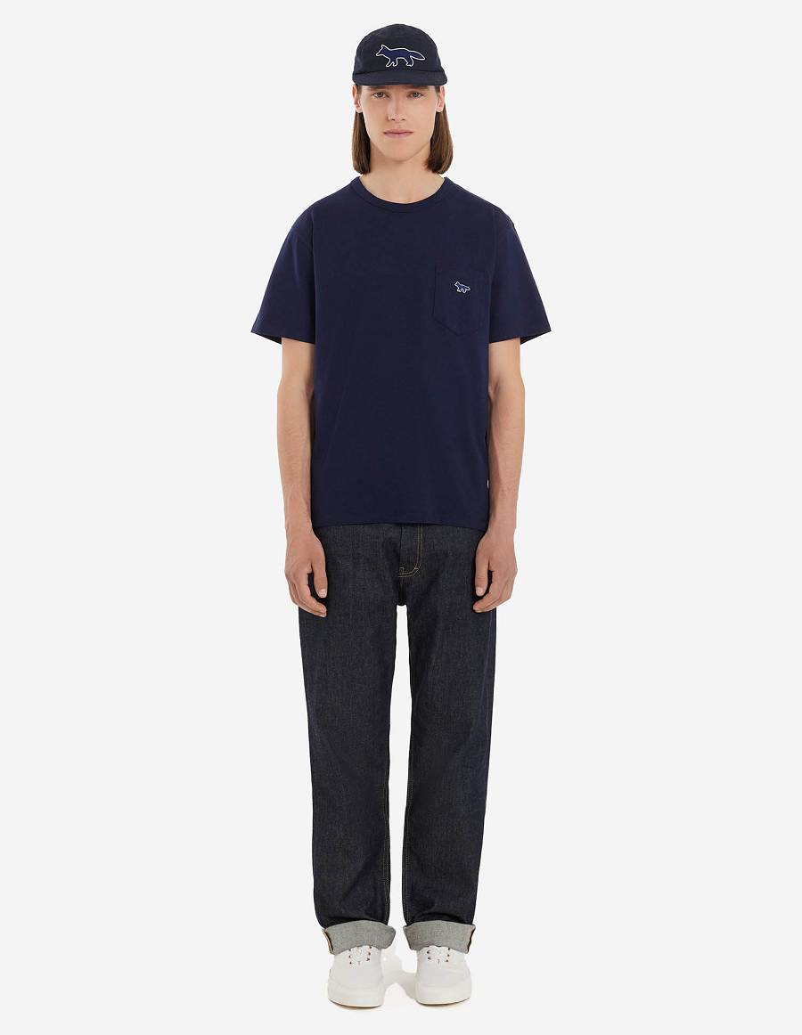 Navy Men's Maison Kitsune Navy Fox Patch Classic Pocket T Shirts | AU-P0413