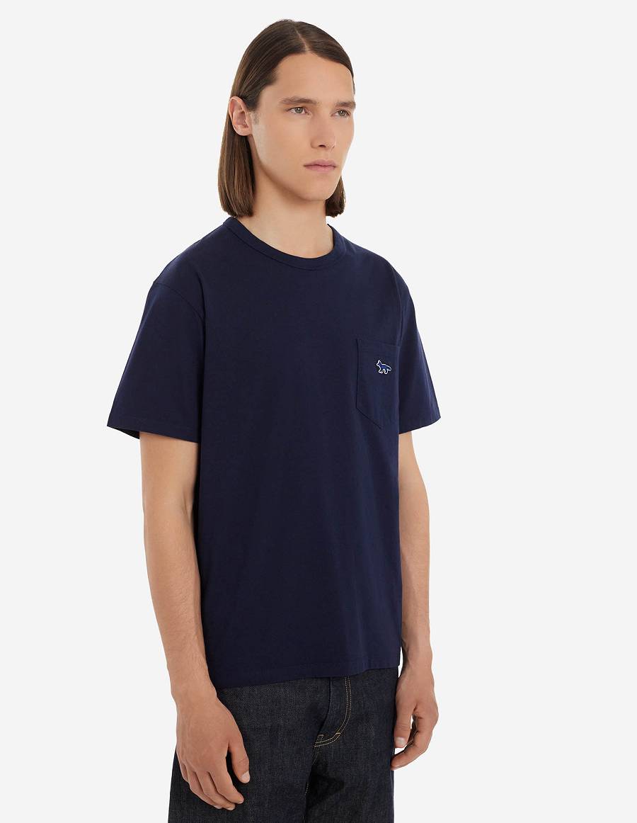 Navy Men's Maison Kitsune Navy Fox Patch Classic Pocket T Shirts | AU-P0413