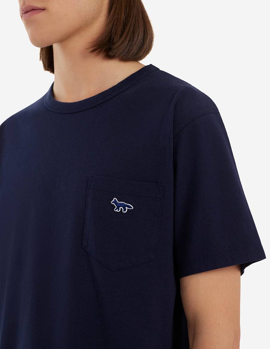 Navy Men's Maison Kitsune Navy Fox Patch Classic Pocket T Shirts | AU-P0413