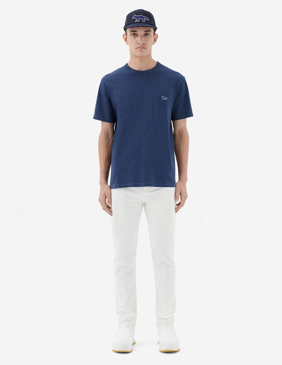 Navy Men's Maison Kitsune Navy Fox Patch Classic Pocket T Shirts | AU-S0126