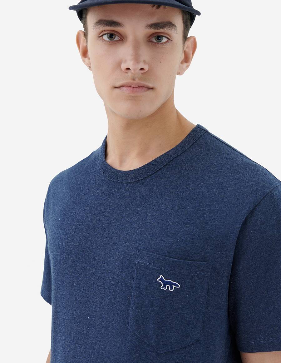 Navy Men's Maison Kitsune Navy Fox Patch Classic Pocket T Shirts | AU-S0126