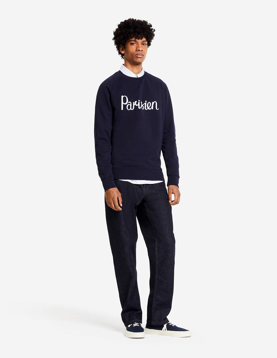 Navy Men's Maison Kitsune Parisien Classic Sweatshirts | AU-V0M43