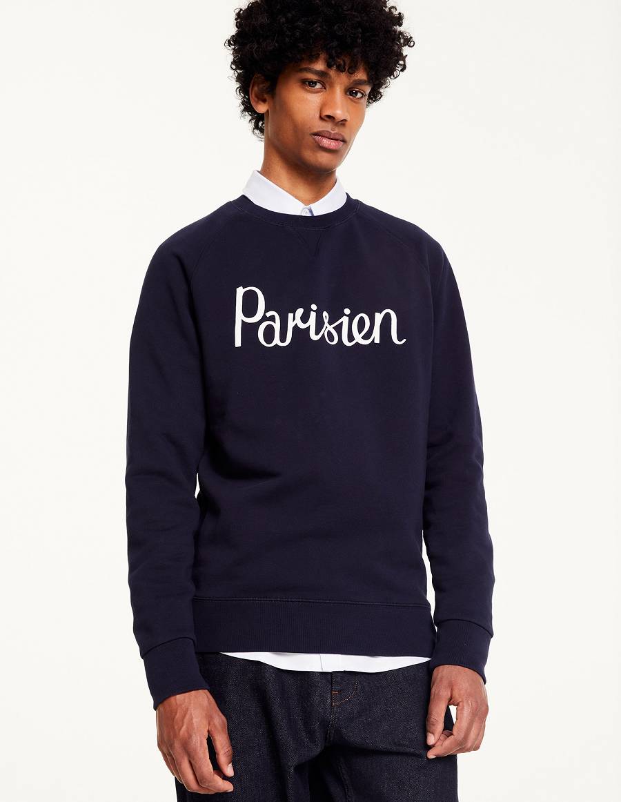 Navy Men's Maison Kitsune Parisien Classic Sweatshirts | AU-V0M43