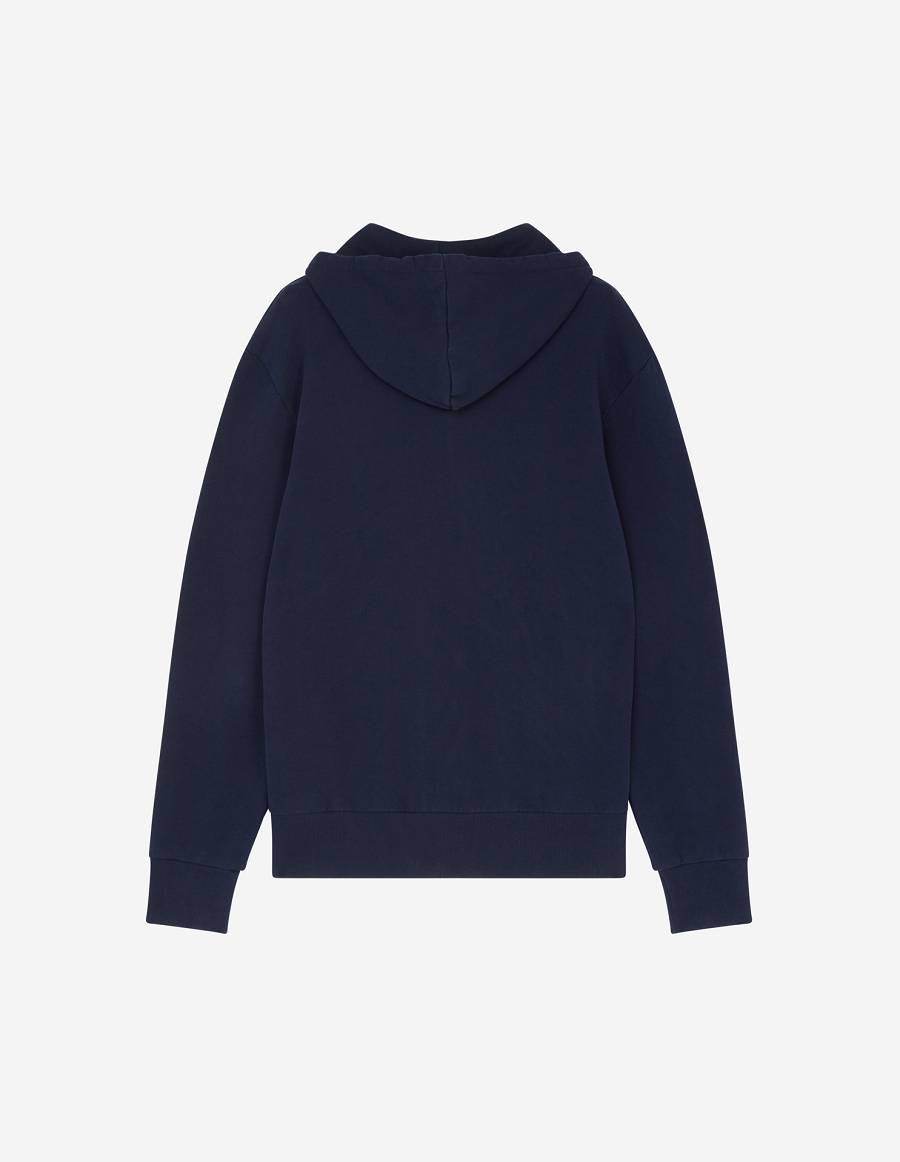 Navy Men's Maison Kitsune Tricolor Fox Patch Zip Hoodies | AU-S0821