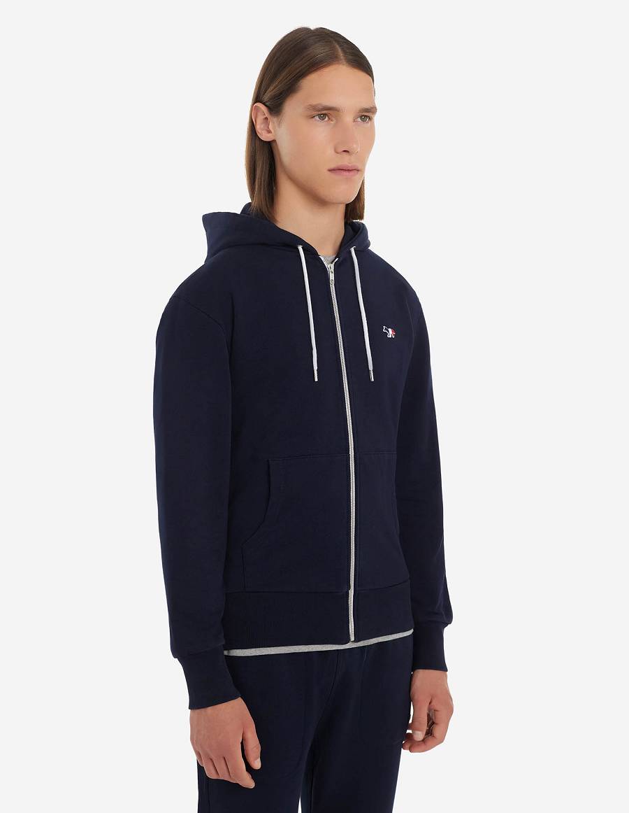 Navy Men's Maison Kitsune Tricolor Fox Patch Zip Hoodies | AU-S0821