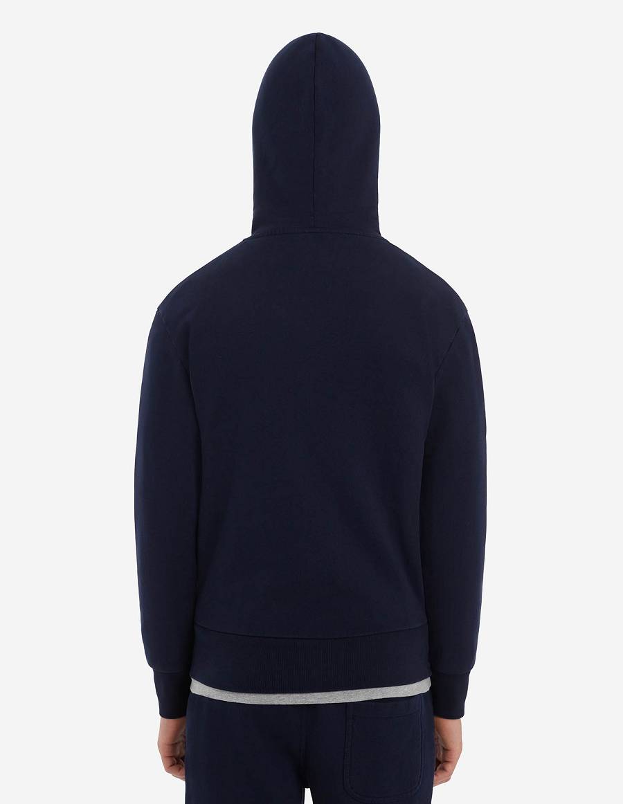 Navy Men's Maison Kitsune Tricolor Fox Patch Zip Hoodies | AU-S0821