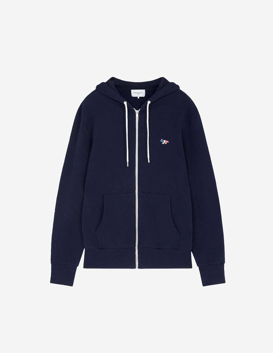 Navy Men\'s Maison Kitsune Tricolor Fox Patch Zip Hoodies | AU-S0821