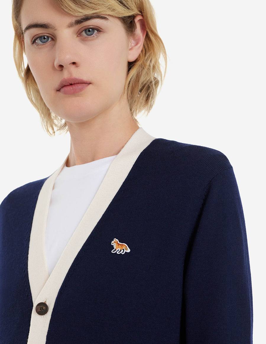 Navy Women's Maison Kitsune Baby Fox Patch Bi-color Classic Cardigan | AU-J0338